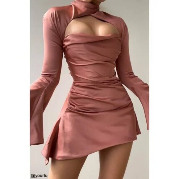 House of CB Satin Long Sleeve Dress in Blush - Picture 3 of 15